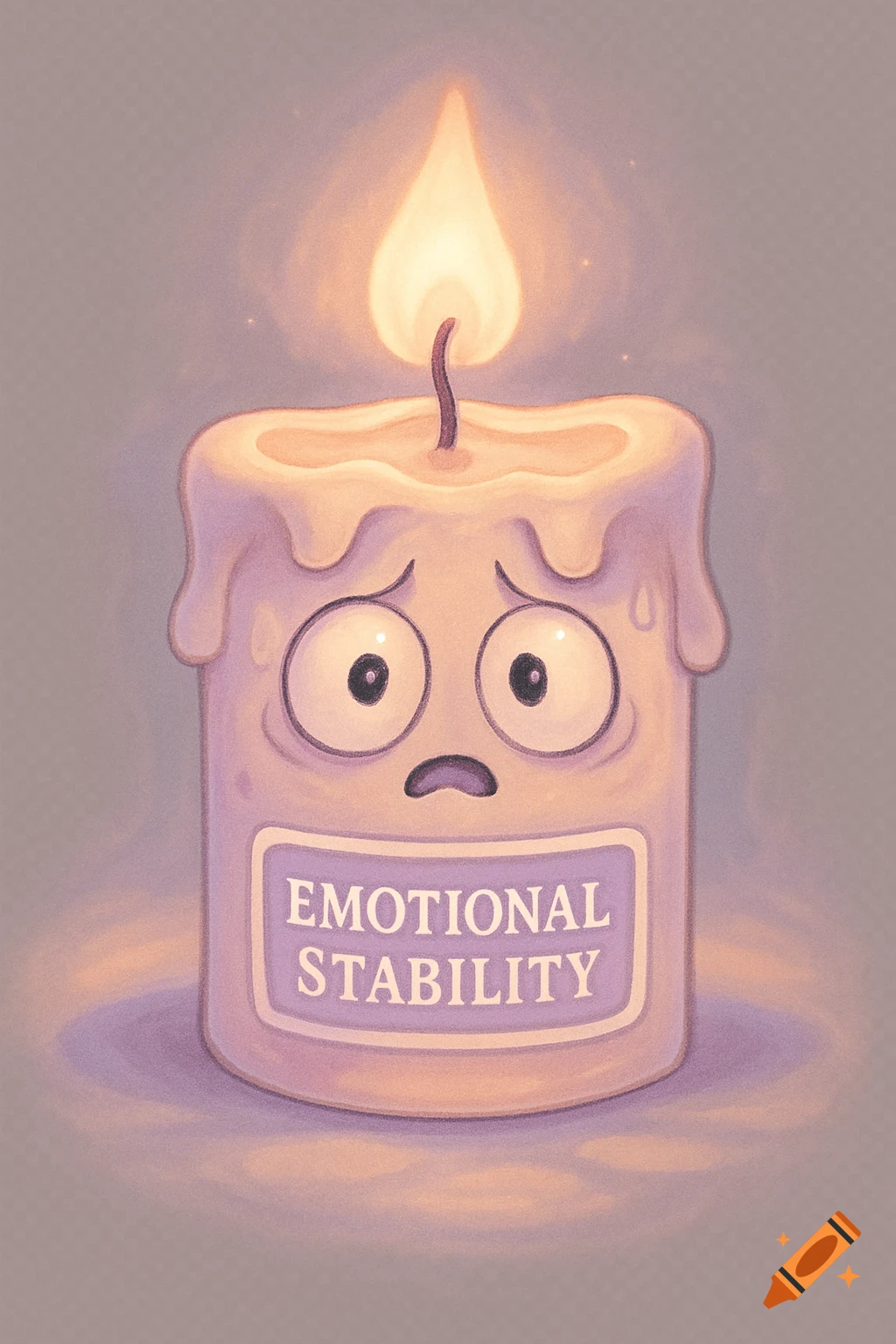 A pastel aesthetic cartoon candle labeled 'Emotional Stability,' halfway melted with wide panicked eyes and a glowing flame.