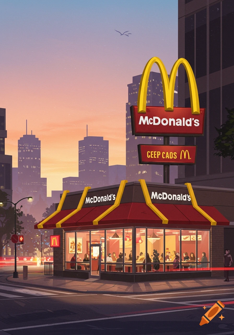 A stylized illustration of a McDonald's restaurant at a city intersection during sunset, with people inside and cars on the street.