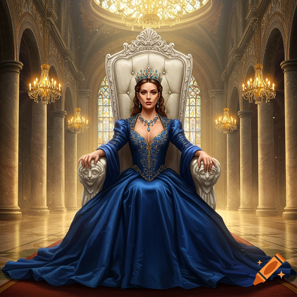 A majestic empress in a blue gown and crown sits on an ornate throne in a grand, opulent hall.