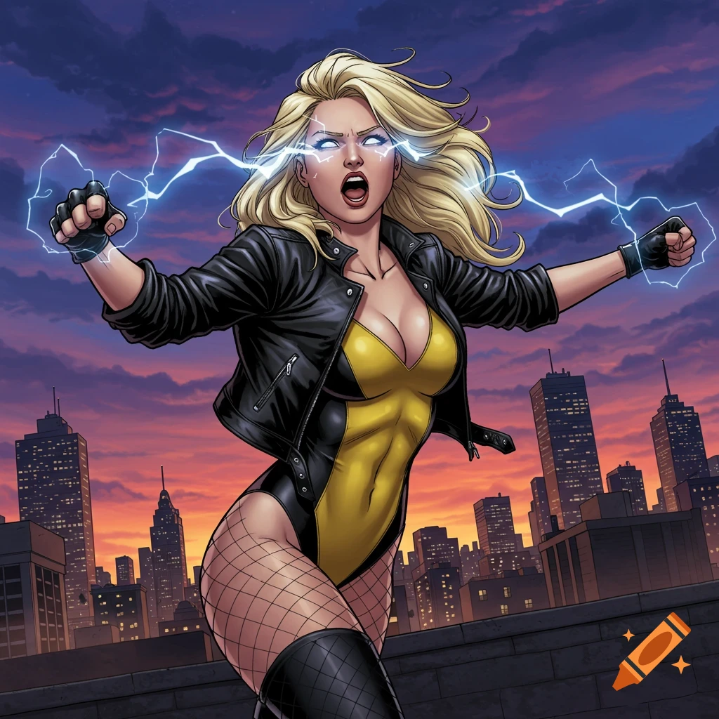 Comic book art of Black Canary, a blonde superhero, emitting lightning while standing on a rooftop at sunset.
