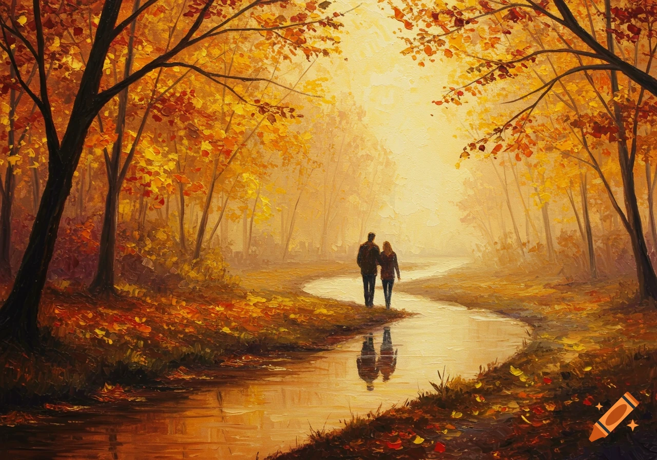 A couple walks along a stream through an autumn forest with bright orange and yellow leaves, painted in an impressionistic style.