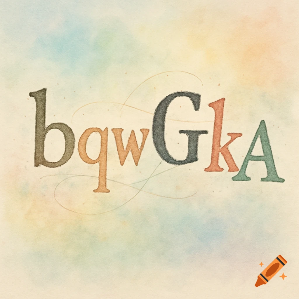 Colorful, stylized letters 'bqwGkA' on a soft watercolor background with subtle flourishes.