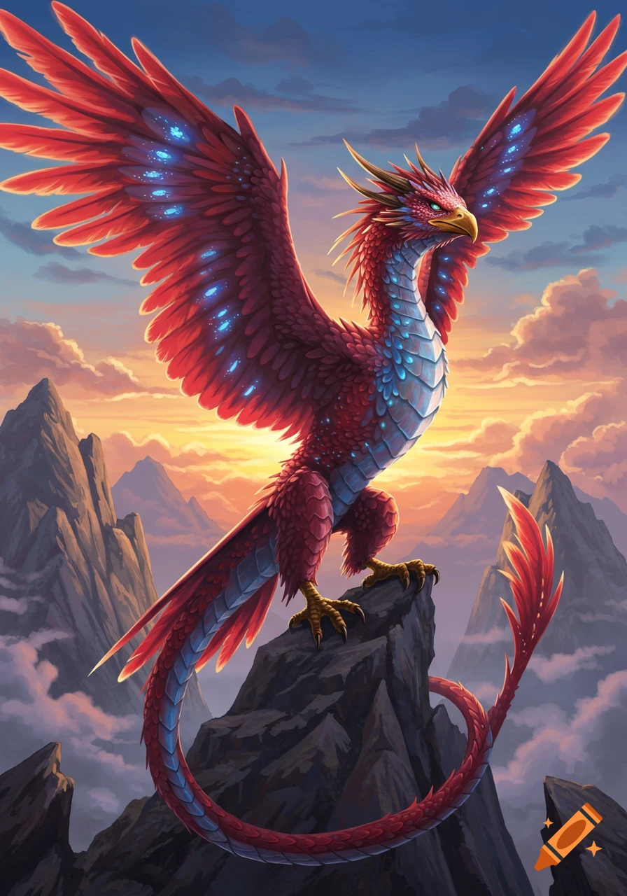 A majestic red and blue feathered dragon perched on a rugged mountain peak at sunset, wings spread.