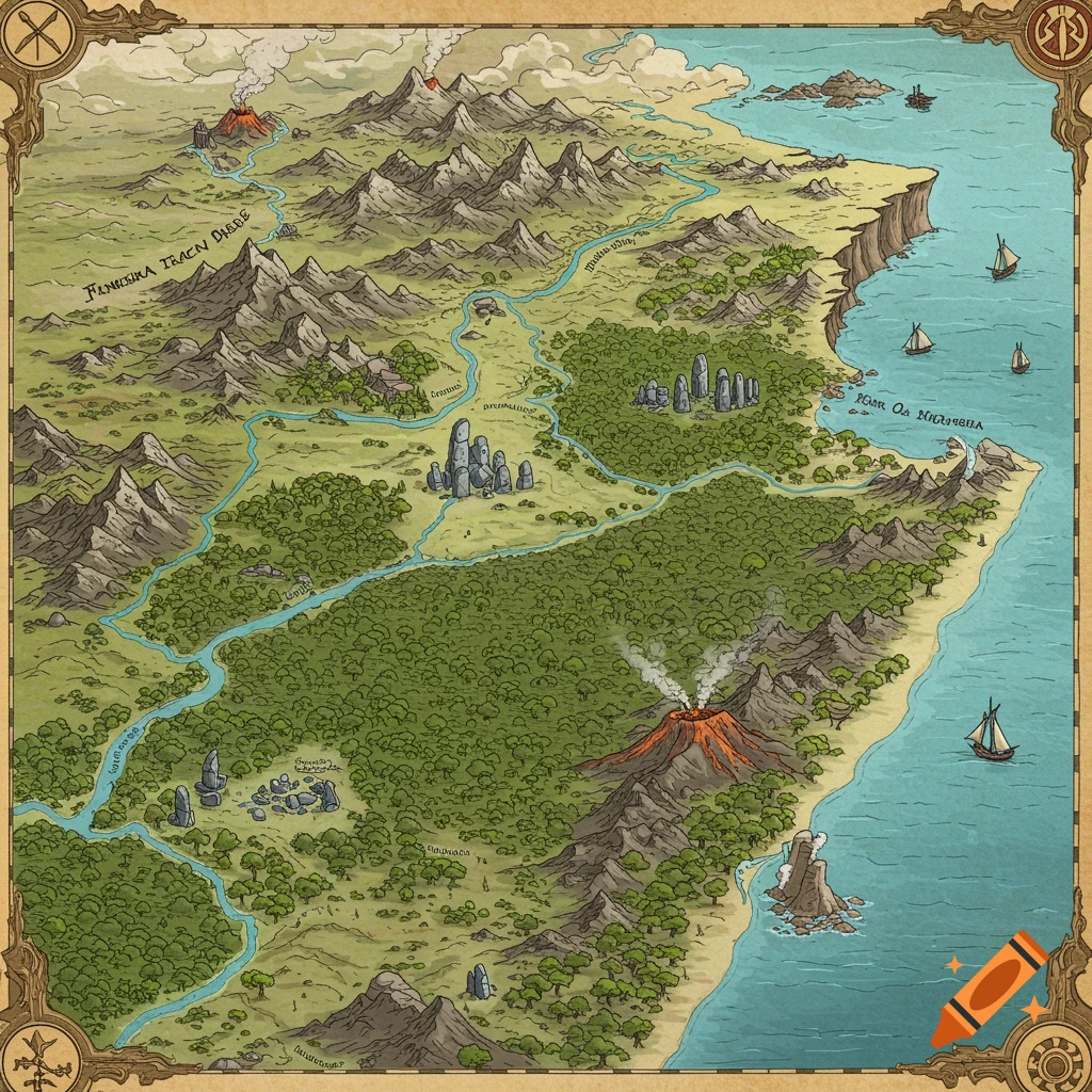 A detailed, colorful fantasy map showing mountains, rivers, forests, volcanoes, standing stones, and a coastline with ships, in an illustrative style.