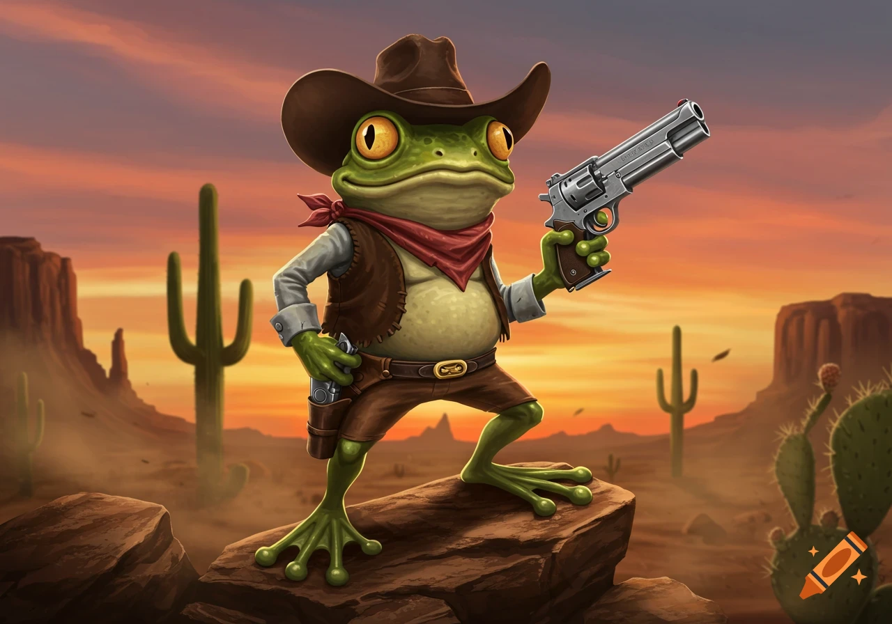 A cartoon frog dressed as a cowboy, holding a large silver revolver and another gun holstered, stands on rocks in a desert landscape with cacti and mesas at sunset.