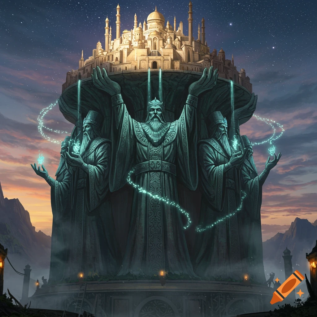 A monumental statue of four bearded wizards holding up a grand, illuminated city under a starry night sky.