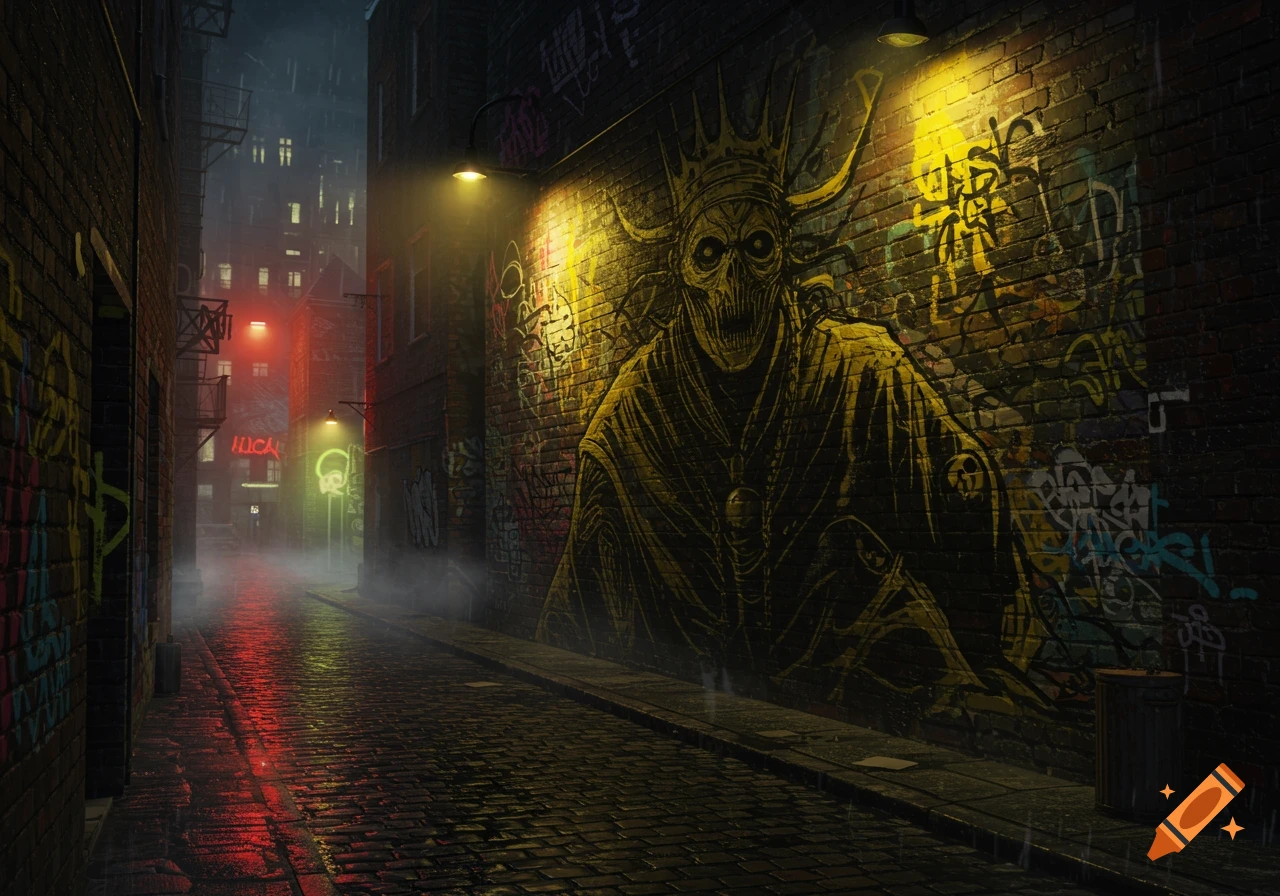A dark, misty alleyway at night, illuminated by yellow and red neon lights, features a large, menacing skull graffiti art on a brick wall. The ground is wet and reflects the lights.