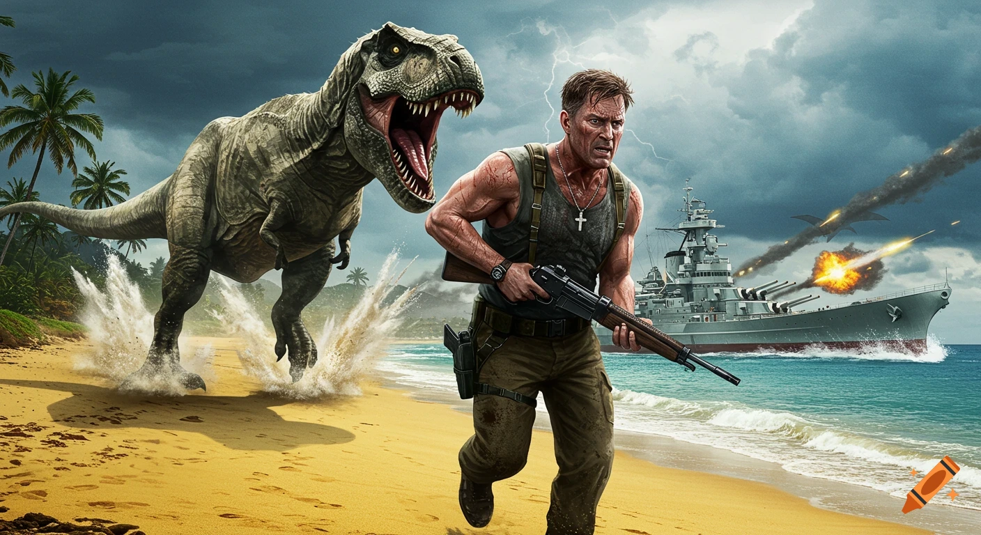 A muscular man in a tank top and cargo pants, holding a rifle, runs frantically from a roaring Tyrannosaurus Rex on a sandy beach. A battleship in the ocean fires its cannons, with palm trees and a stormy sky in the background.