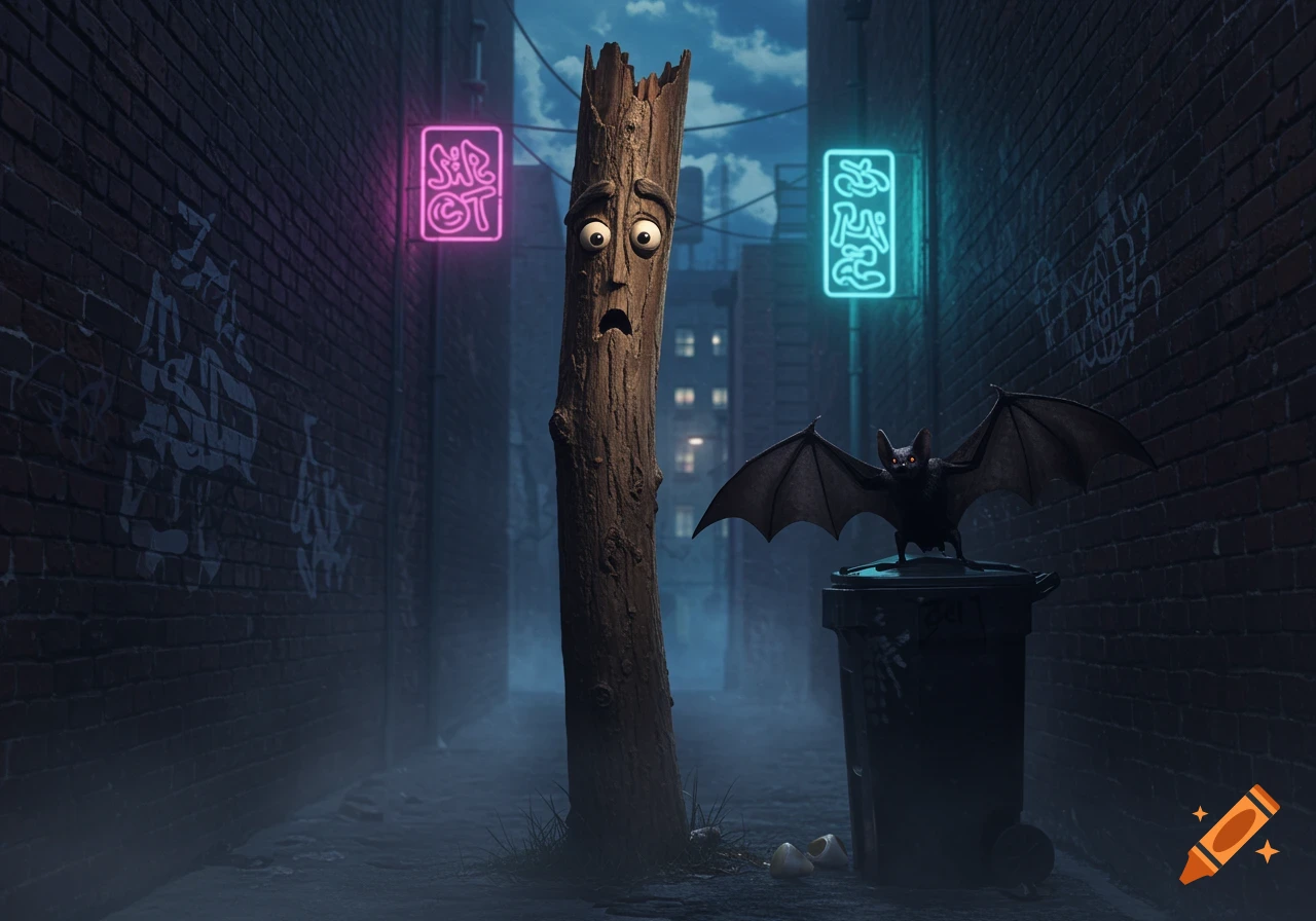 A surprised stick figure stands in a dark alley with neon signs. A bat with glowing red eyes perches on a trash can.
