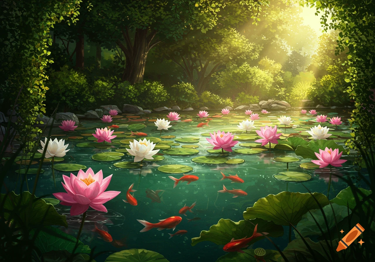 A vibrant garden pond with pink and white lotus flowers, green lily pads, and orange goldfish swimming. Sunlight streams through lush green trees in the background.