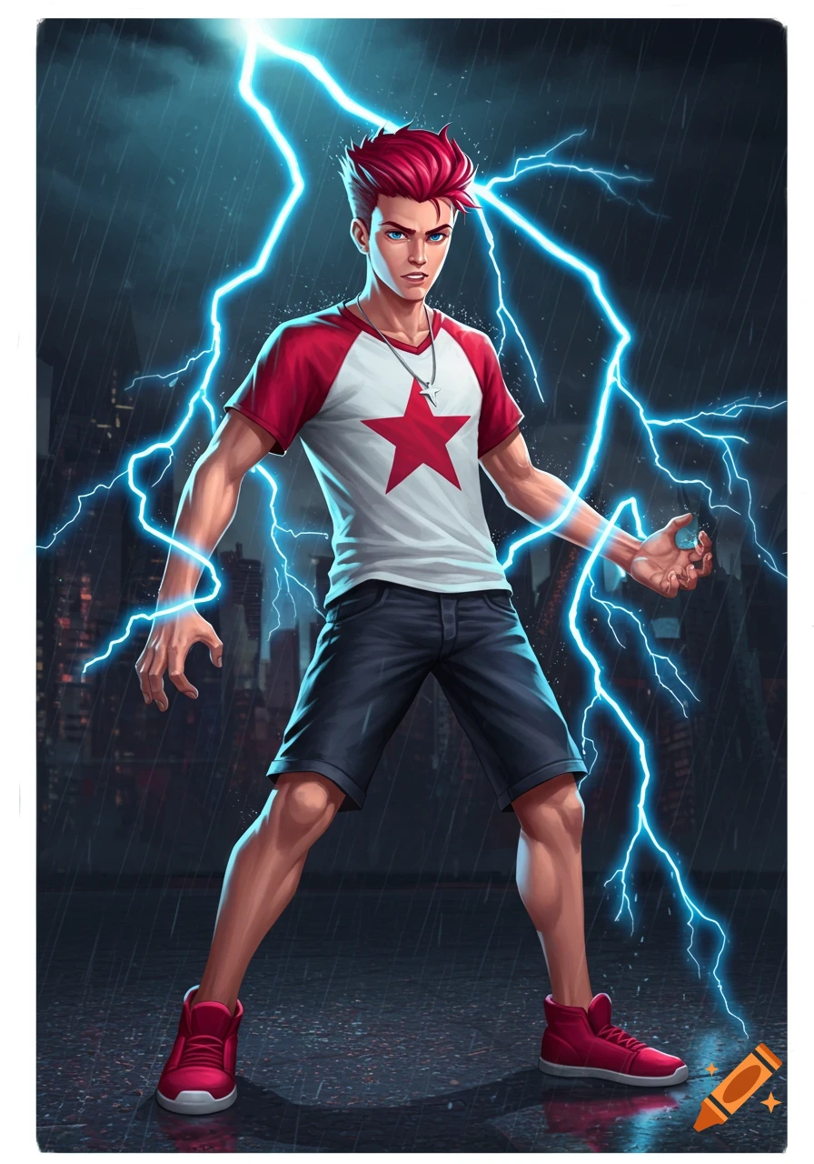 A stylized concept art of a young man with spiky red hair, a red star t-shirt, and shorts, standing in the rain with lightning emanating from his hands and surrounding him.