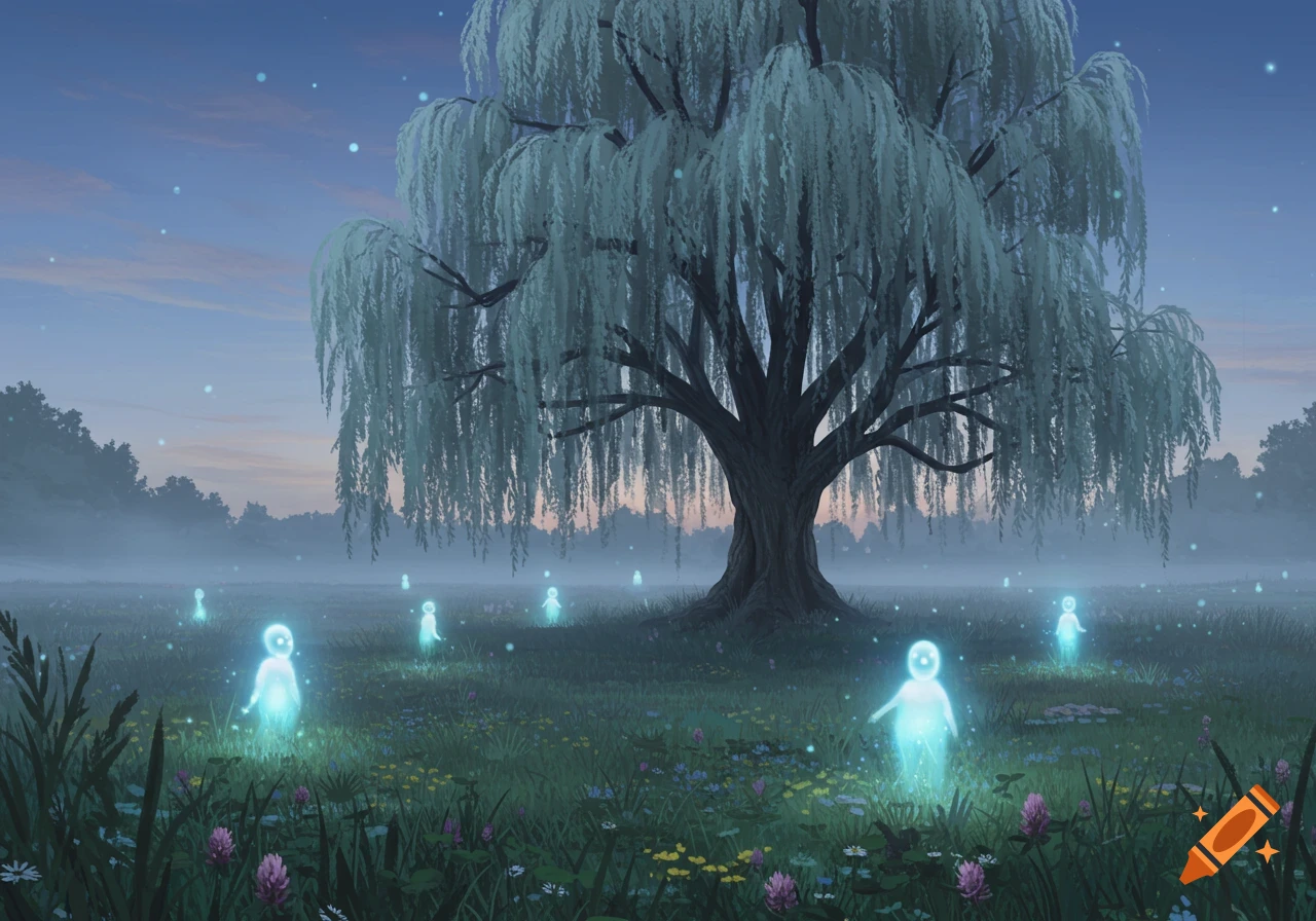 A serene twilight scene with a large willow tree and glowing Will-o-Wisps in a misty, flower-filled field.