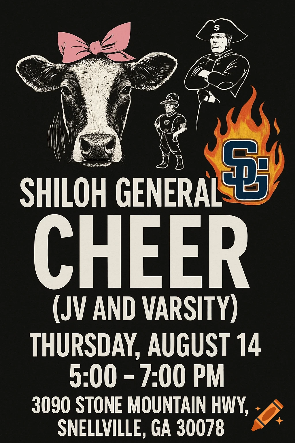 A poster with a black background and white text advertising Shiloh General Cheer, including event date, time, and address. It features a cow with a pink bow, a general mascot, a small figure of a person, and a flaming 'SG' logo.