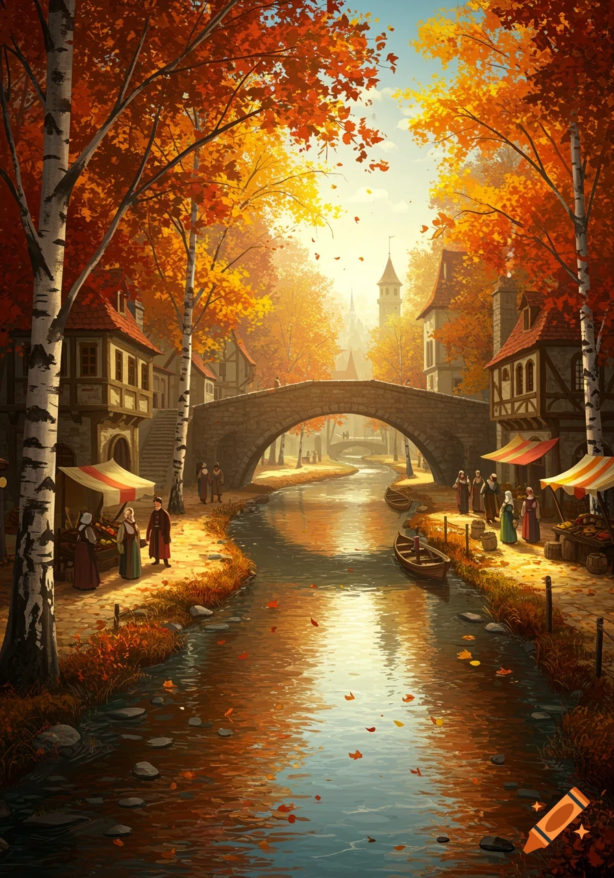 A vibrant autumn landscape painting of a town with colorful trees, a river flowing under a stone bridge, and villagers on the banks.