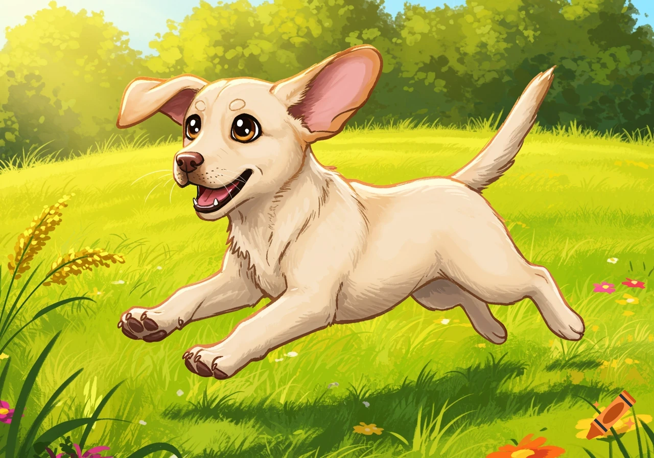 A happy cartoon Labrador puppy runs through a bright green field with trees in the background.