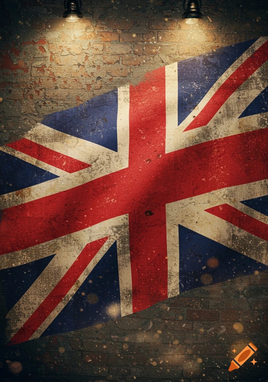 A distressed British Union Jack flag painted diagonally across a textured brick wall with two spotlights illuminating it from above.