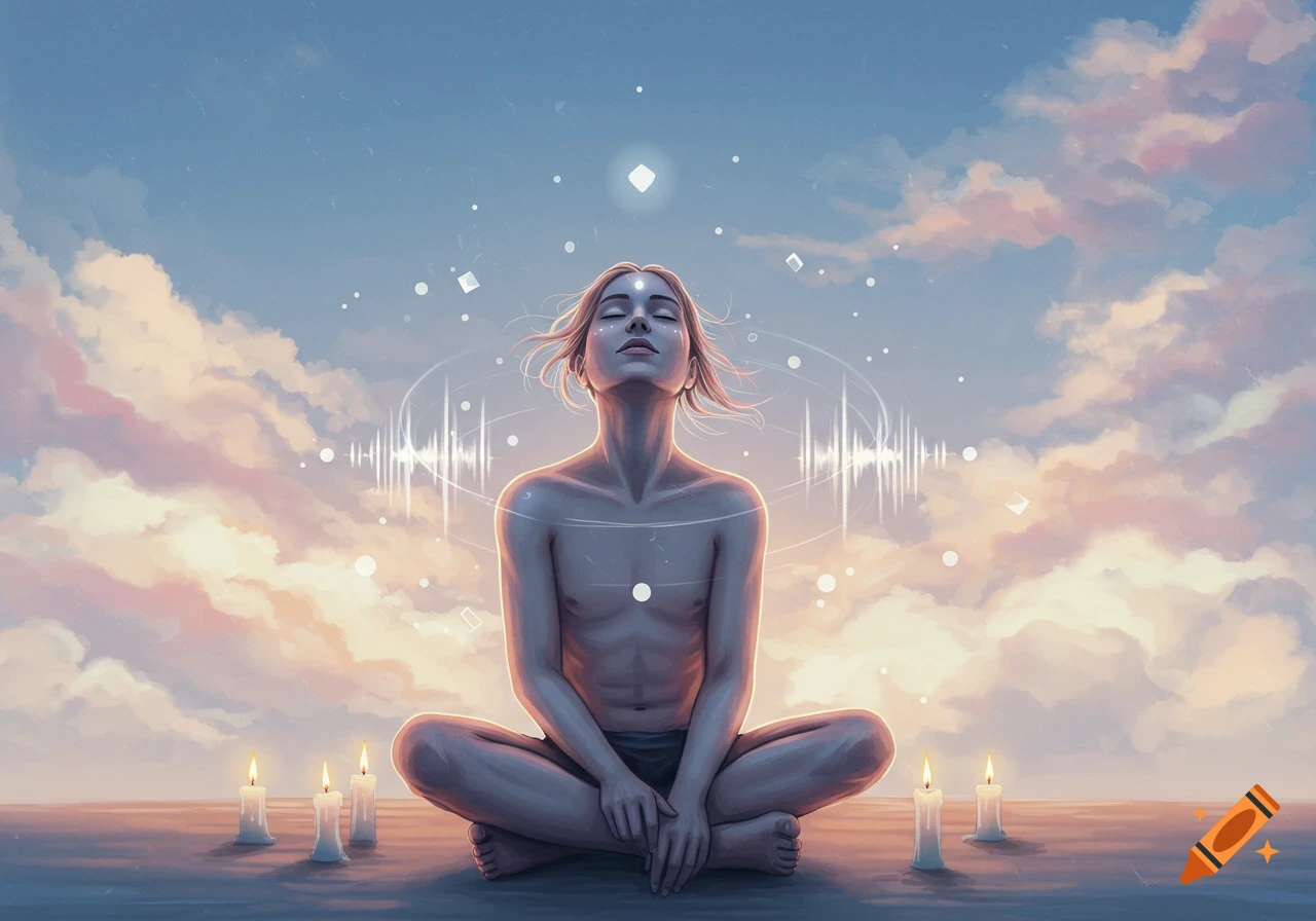 A serene person meditating in lotus position under a pastel sky with glowing abstract sound waves and candles.