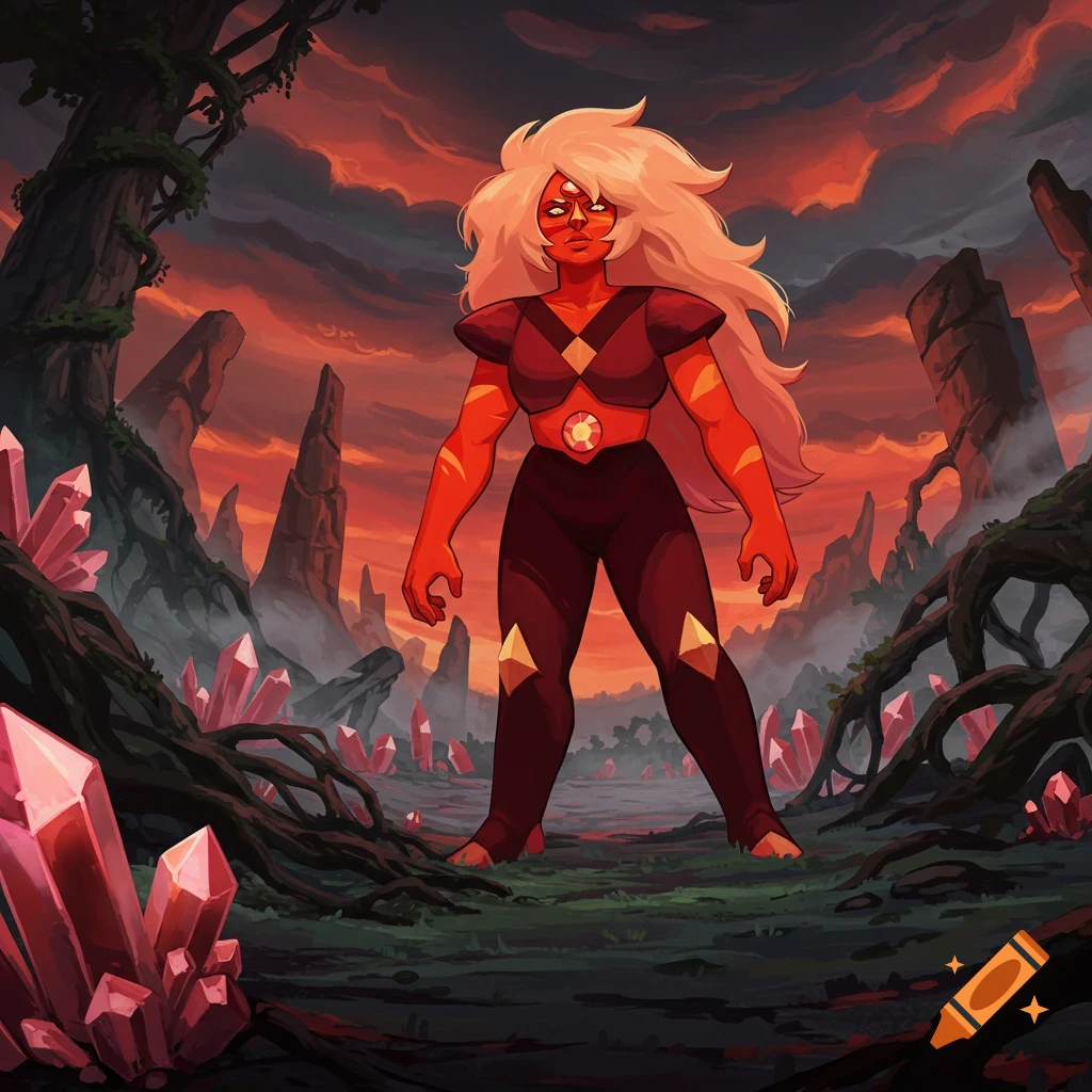 Animated illustration of Jasper from Steven Universe standing in a dark fantasy landscape with red crystals and a stormy red sky.