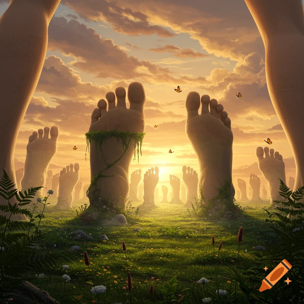 A surreal landscape of giant human feet standing upright in a grassy field at sunset with butterflies flying around.