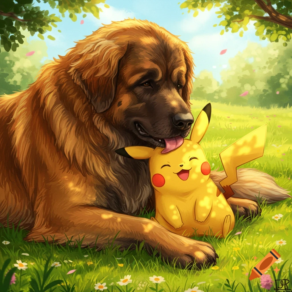 A large brown Leonberger dog licks a happy yellow Pikachu while they cuddle in a sunny green field with flowers, digital art.