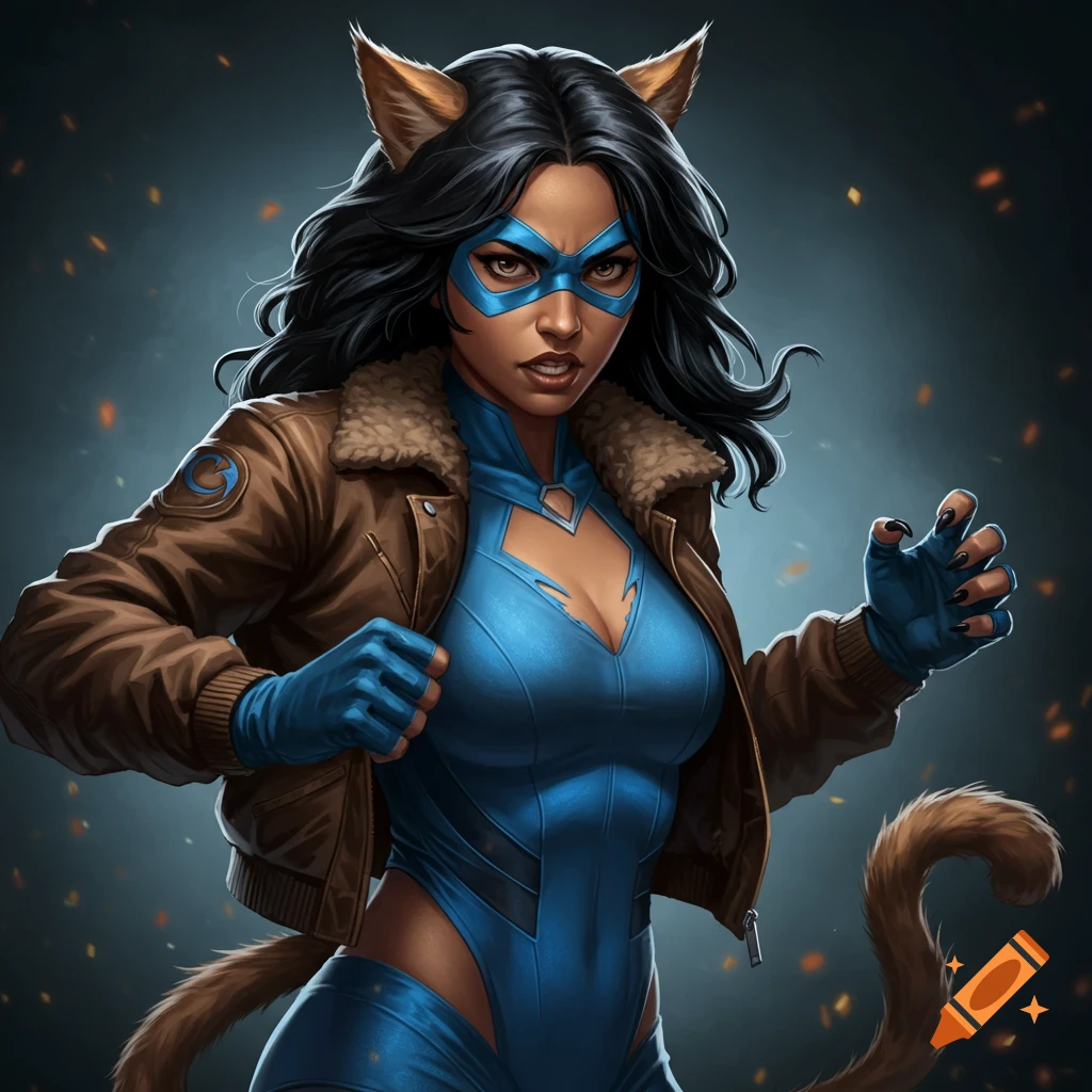 Female superhero with cat ears and tail, blue bodysuit, brown bomber jacket, and blue mask. She has a fierce expression.
