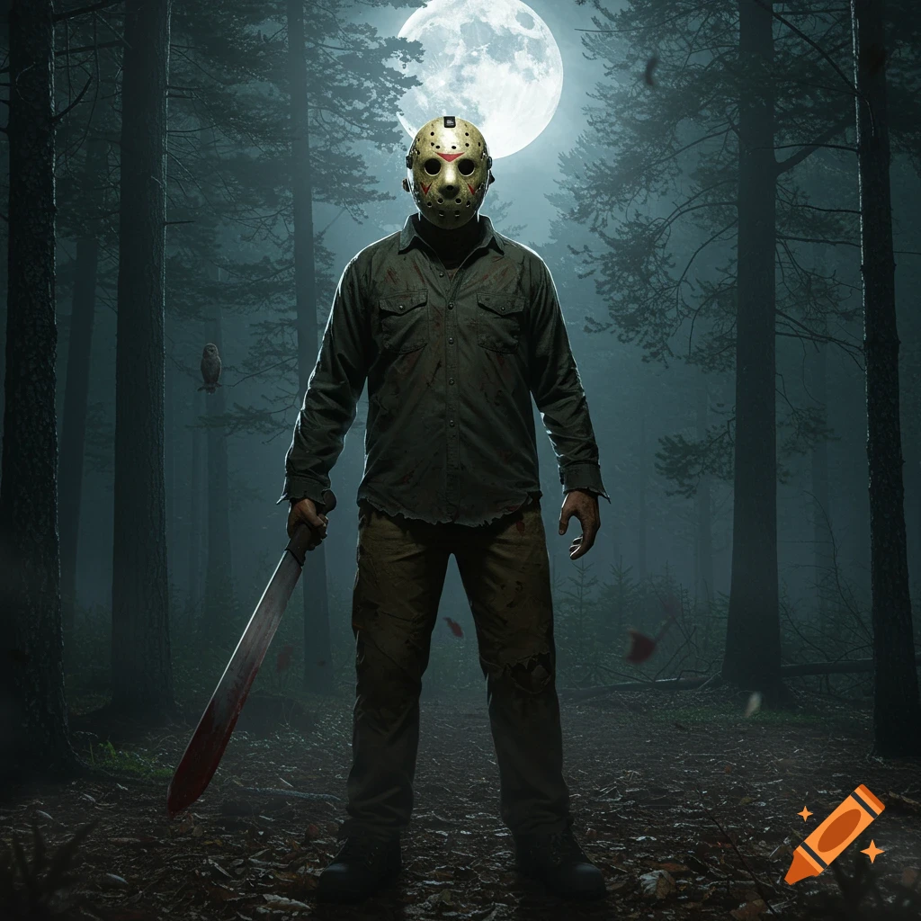 Jason Voorhees stands in a dark, misty forest under a full moon, holding a bloody machete.
