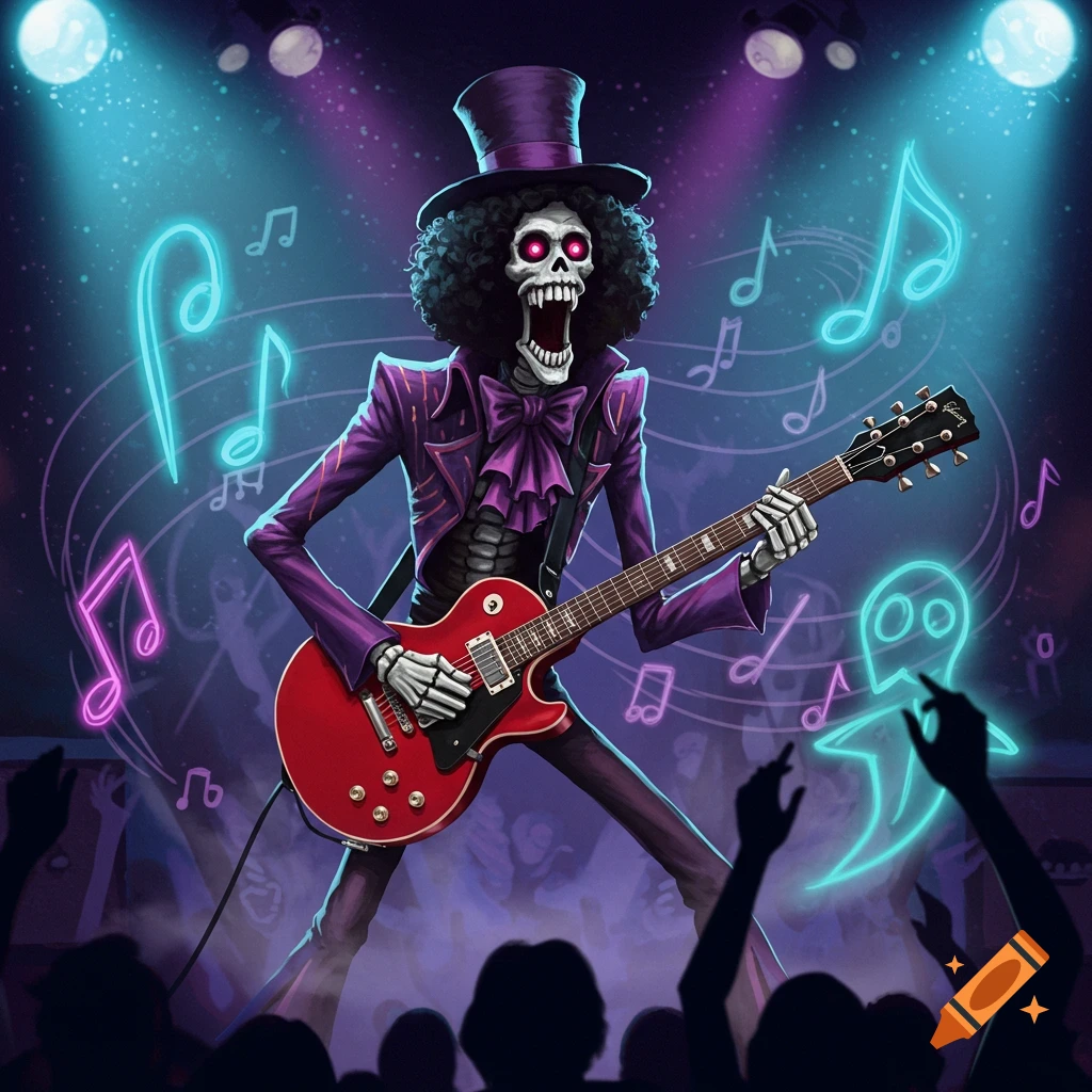 A skeleton in a purple suit and top hat plays a red electric guitar on a dark stage with glowing musical notes and a silhouetted audience.