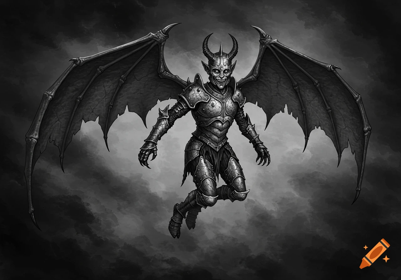 Black and white illustration of a winged imp in cracked armor flying through dark mist.