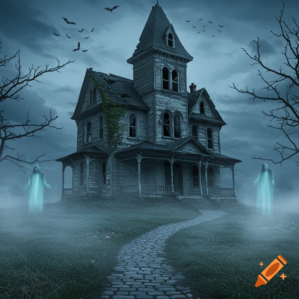 A haunted house at dusk, with two spectral figures, bare trees, and bats flying under a cloudy sky.