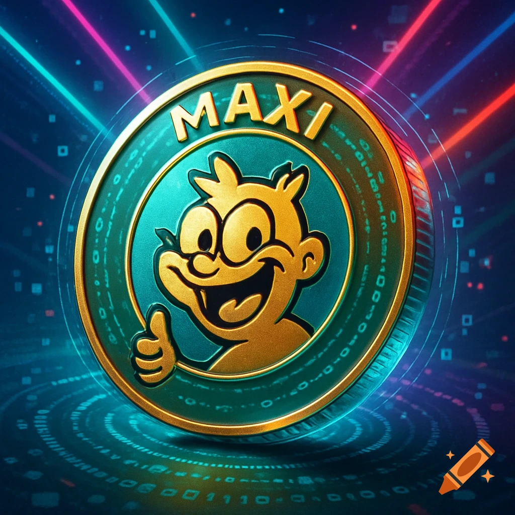A gold and teal cryptocurrency coin with 'MAXI' text and a grinning cartoon character giving a thumbs-up against a digital background.