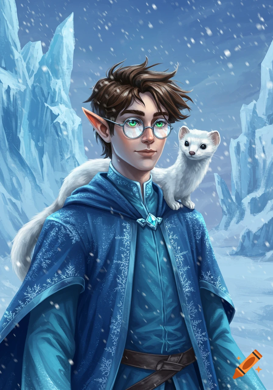 A young male half-elf with brown hair, green eyes, and glasses, wearing a blue hooded cloak with snowflake patterns, stands in a snowy landscape with ice formations. A white ermine rests on his shoulder.