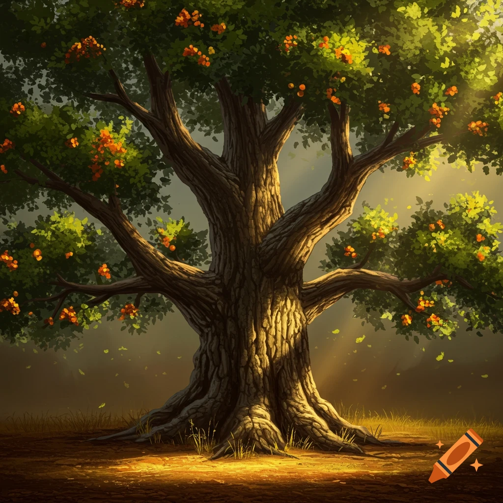 A majestic old tree with a thick trunk and many branches, covered in green leaves and orange fruit, bathed in golden sunlight.