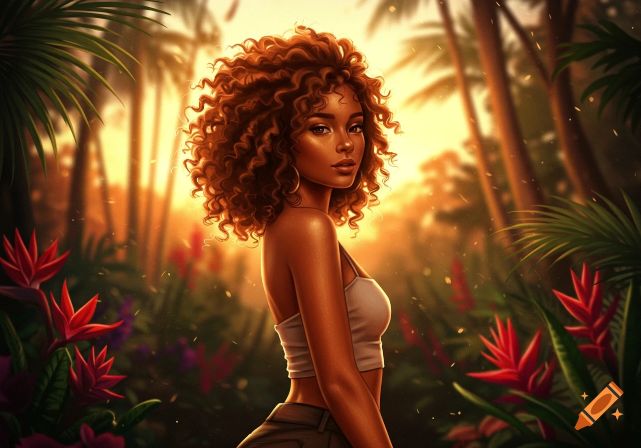 A woman with curly brown hair and copper skin in a crop top stands in a tropical forest at sunset, in an artistic illustration.