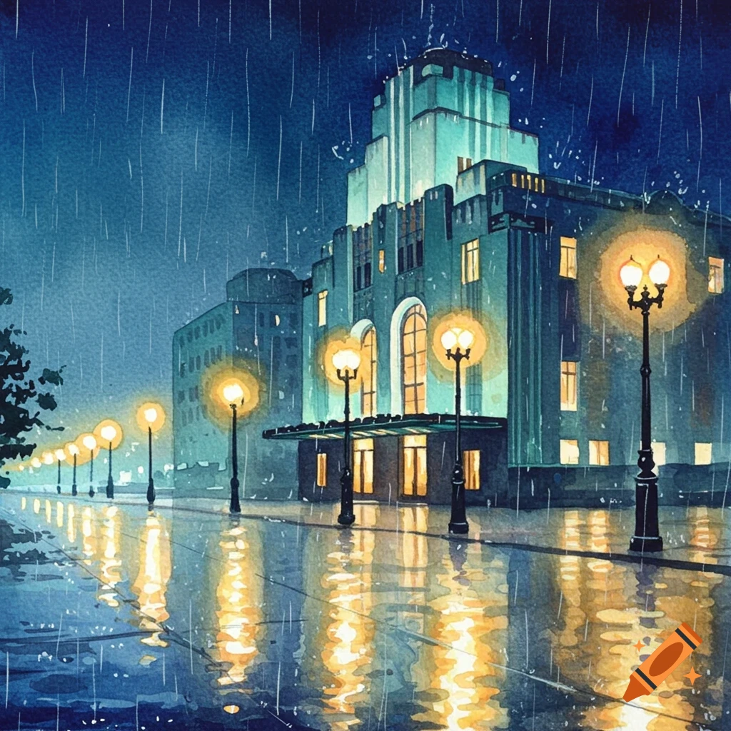 A watercolor painting depicts an Art Deco building at night, illuminated by streetlights, with rain falling and reflecting on the wet street.