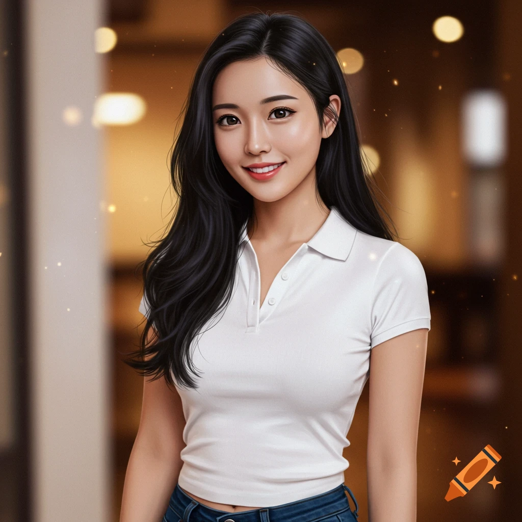 A smiling Chinese woman with long black hair wears a white polo shirt and jeans.