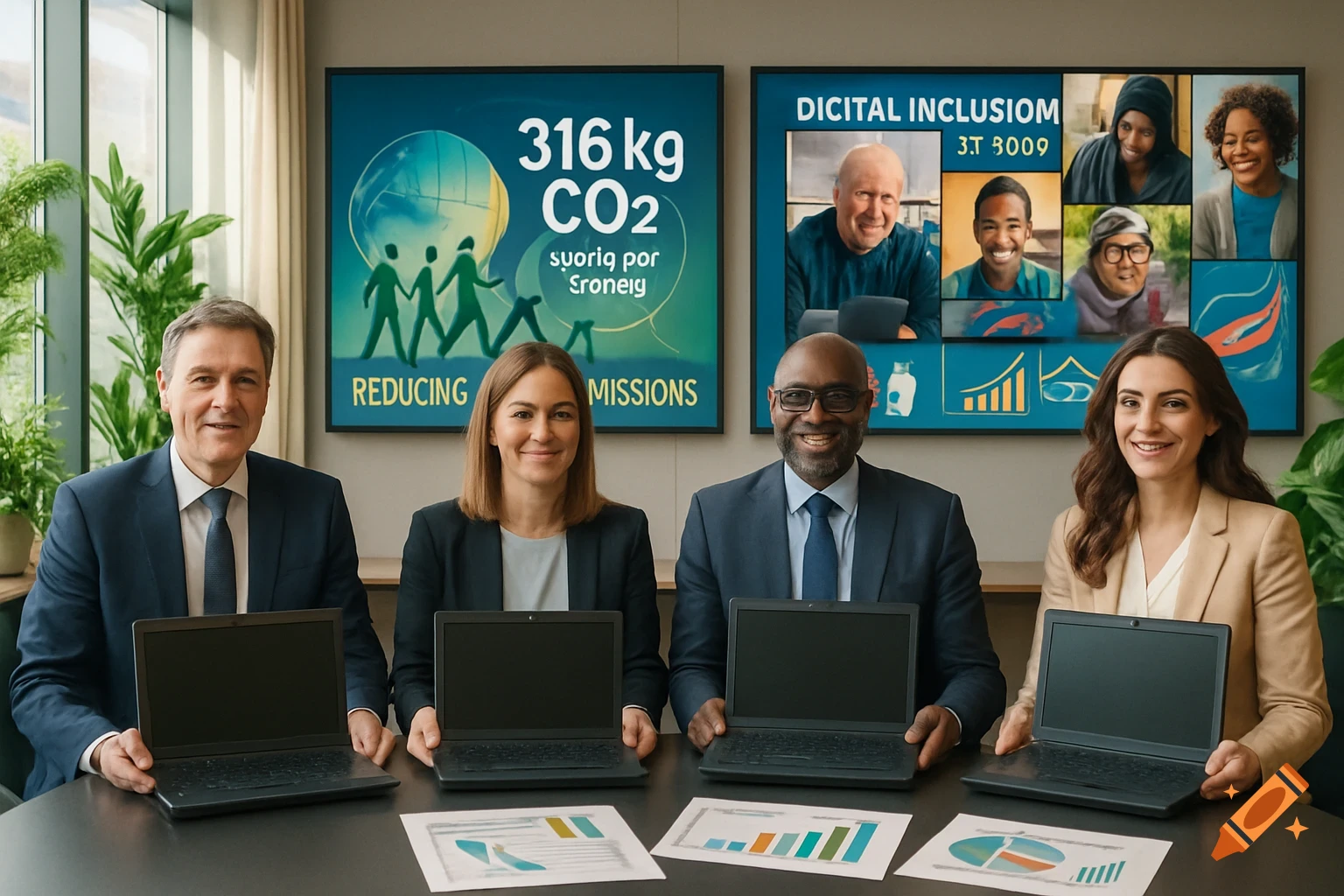 Four business people, two men and two women, sit at a table, each holding an open laptop. Screens with text and graphics are behind them.