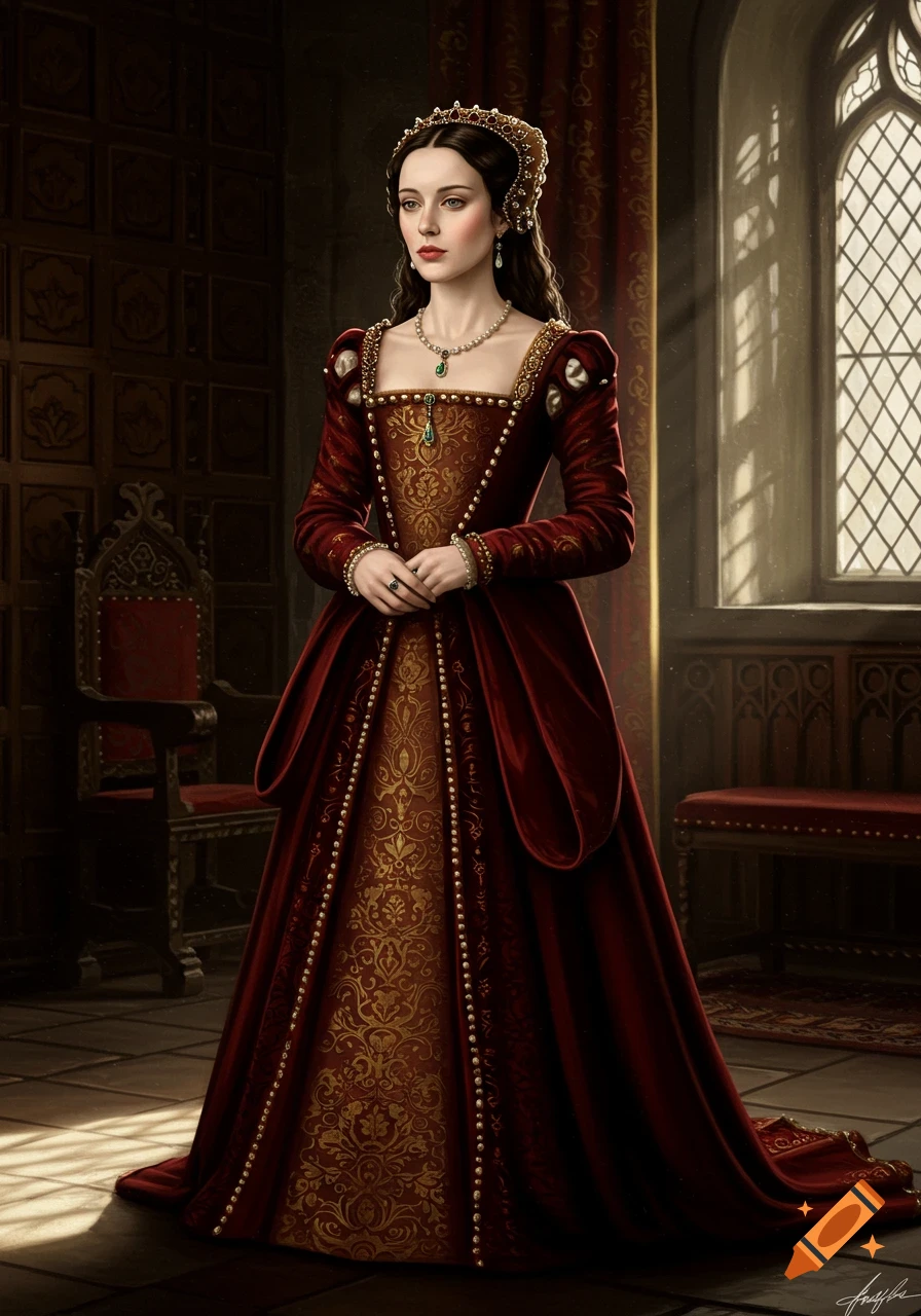 A photorealistic portrait of a woman in a rich red and gold Tudor-era gown standing in a dimly lit hall with a large window.