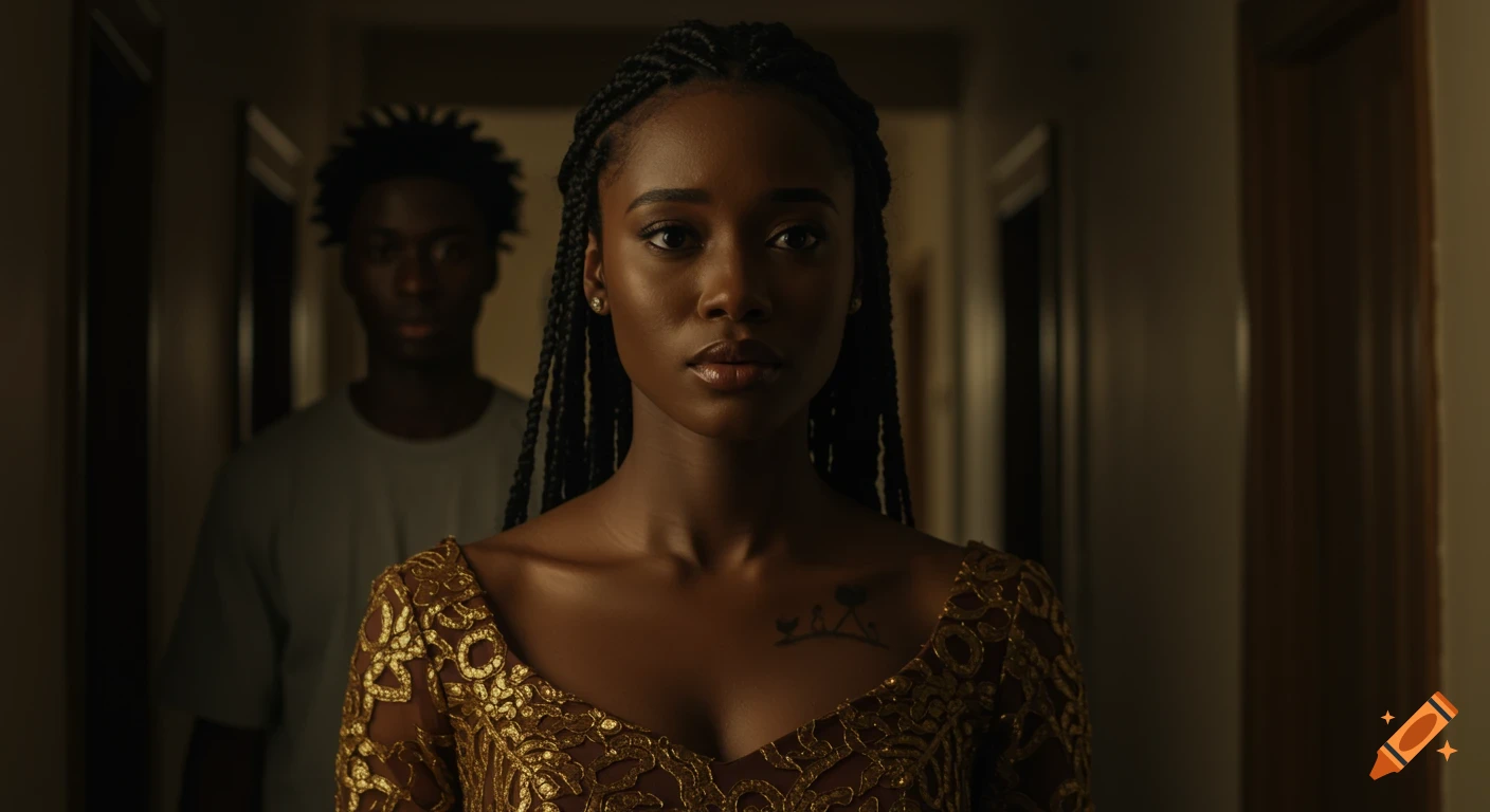 A serious young woman with braids and a gold lace top stands in a dim hallway, with a blurred man visible behind her.