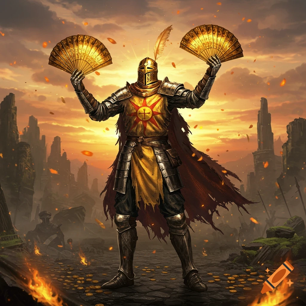A knight in golden armor with a sun emblem on his chest holds two ornate golden fans, surrounded by flames and ruins at sunset.