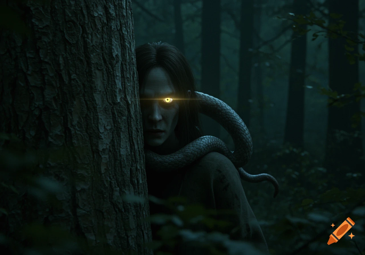 A figure with glowing yellow eyes and a snake coiled on their shoulder peeks from behind a tree in a dark, realistic forest.