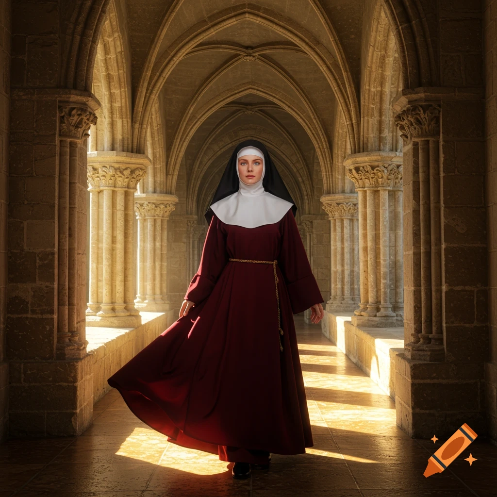 A woman dressed as a nun in a red habit and white wimple stands in a sunlit stone monastery hallway with arched columns.