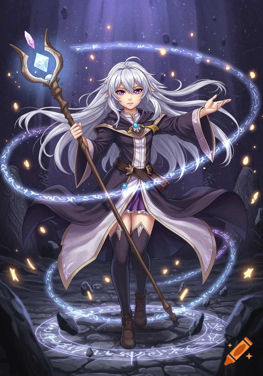 An anime mage girl with long silver hair and violet eyes, wearing a dark robe, holding a magical staff, and casting a spell with glowing runes around her in a mystical setting.
