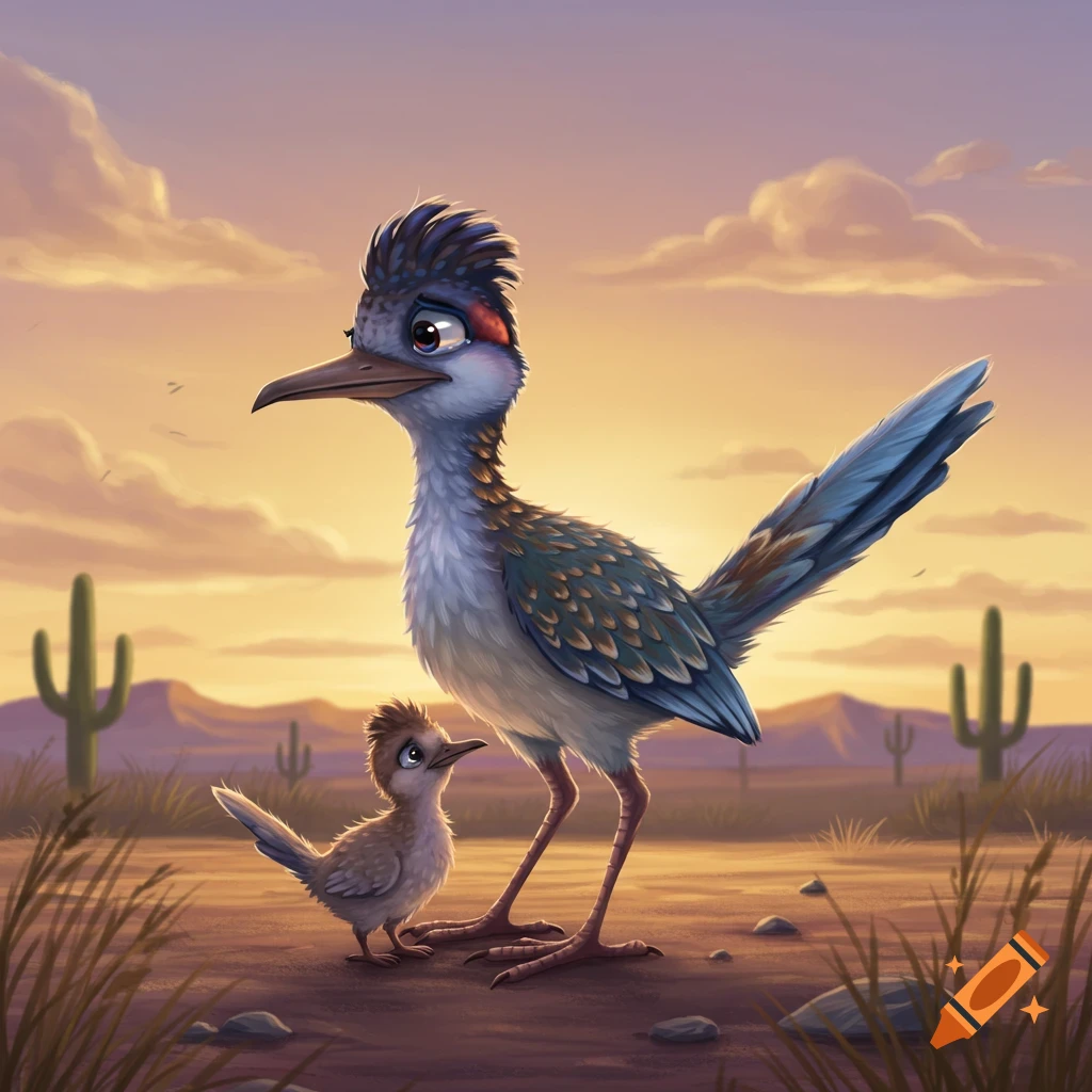 A cartoon adult roadrunner and a baby roadrunner stand side-by-side in a desert landscape at sunset.