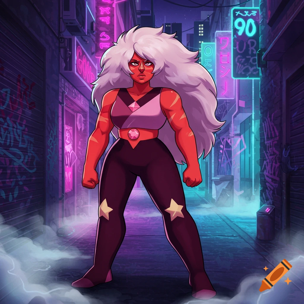 Jasper from Steven Universe stands in a neon-lit alleyway at night, in a 90s anime style.