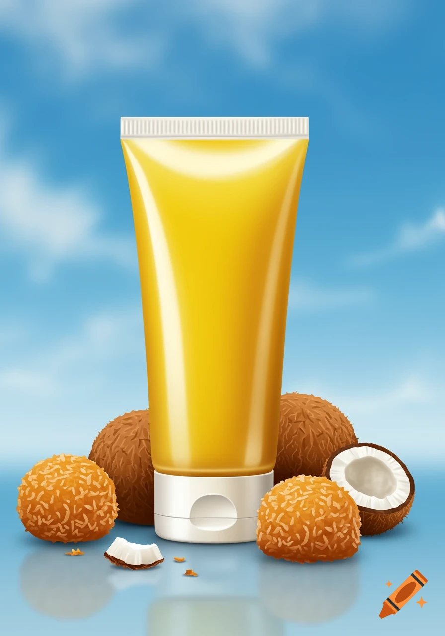 A yellow squeezy tube and coconuts are on a reflective surface against a blue sky with clouds.