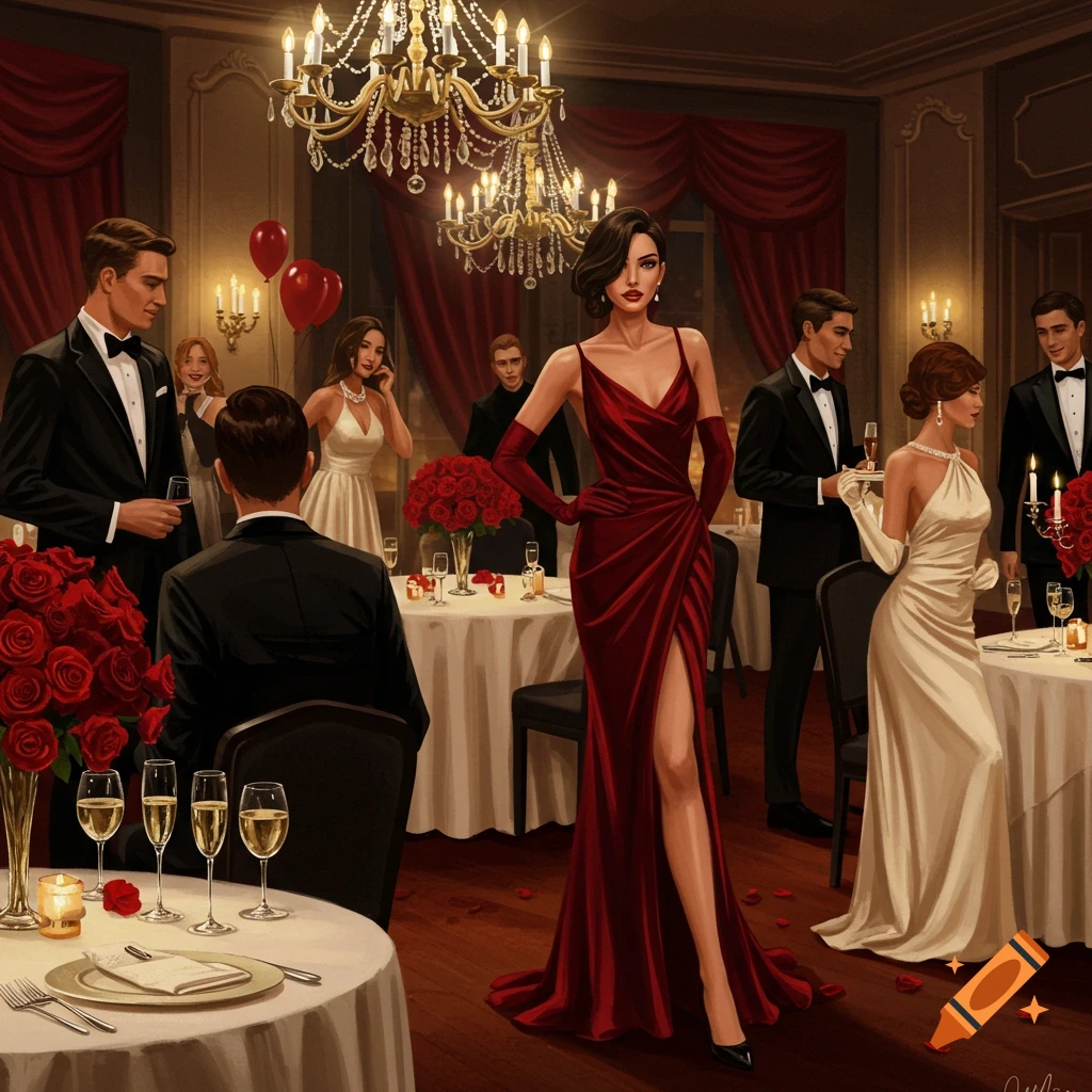Elegant illustration of a formal party with guests in tuxedos and gowns in a chandelier-lit ballroom.