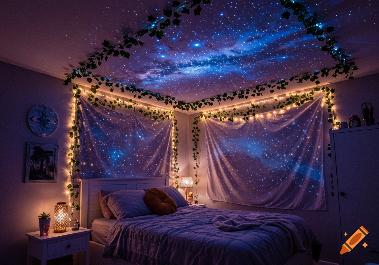 Purple Galaxy Themed Bedroom created on Craiyon, image size:1280x896