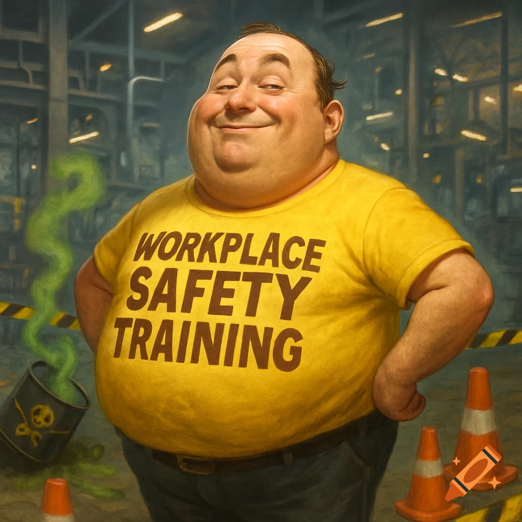 A cheerful, rotund man in a yellow 'WORKPLACE SAFETY TRAINING' t-shirt stands in a factory with spilled green hazardous waste. Illustration.