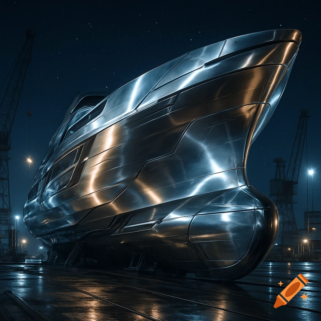 A futuristic, metallic ship hull glows under spotlights in a dark shipyard at night.