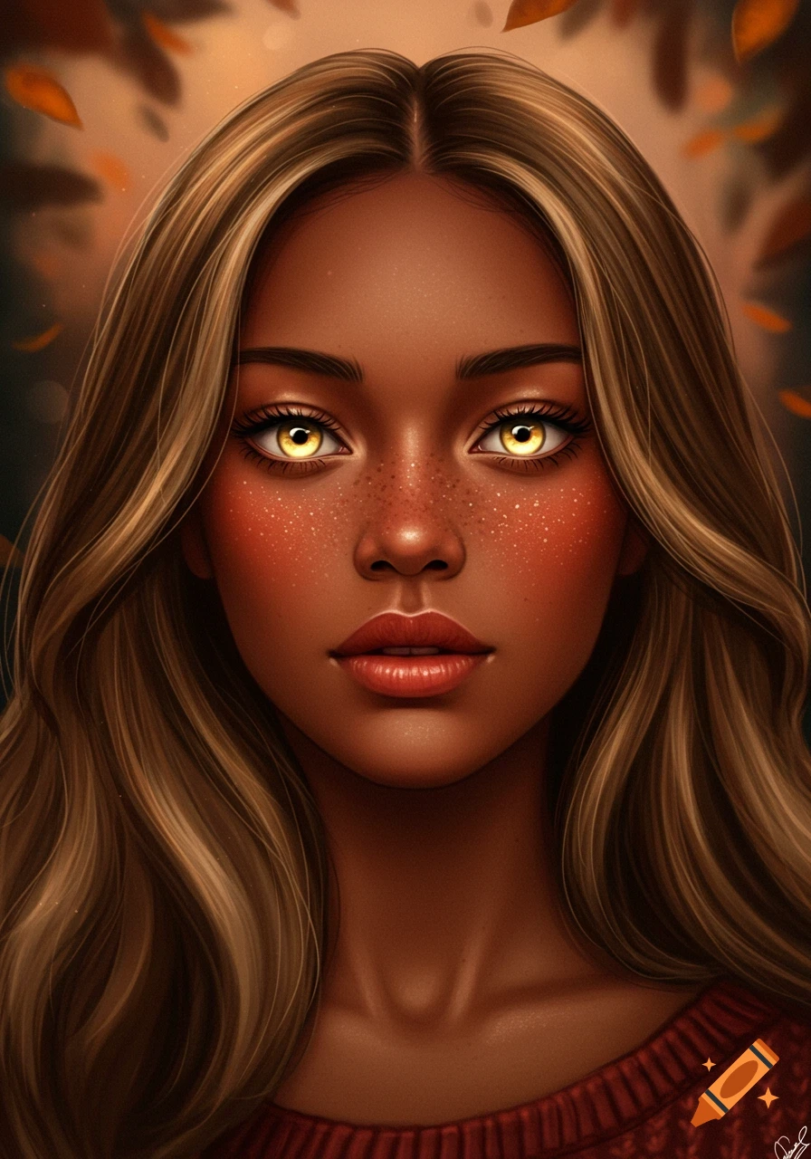 Close-up digital painting of a woman with tan skin, freckles, long brown hair, and glowing yellow eyes, against an autumnal background.